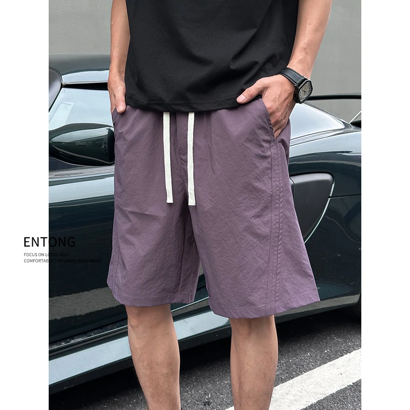 Entong美式潮牌松紧腰vibe裤子宽松速干休闲短裤男生薄款直筒裤子