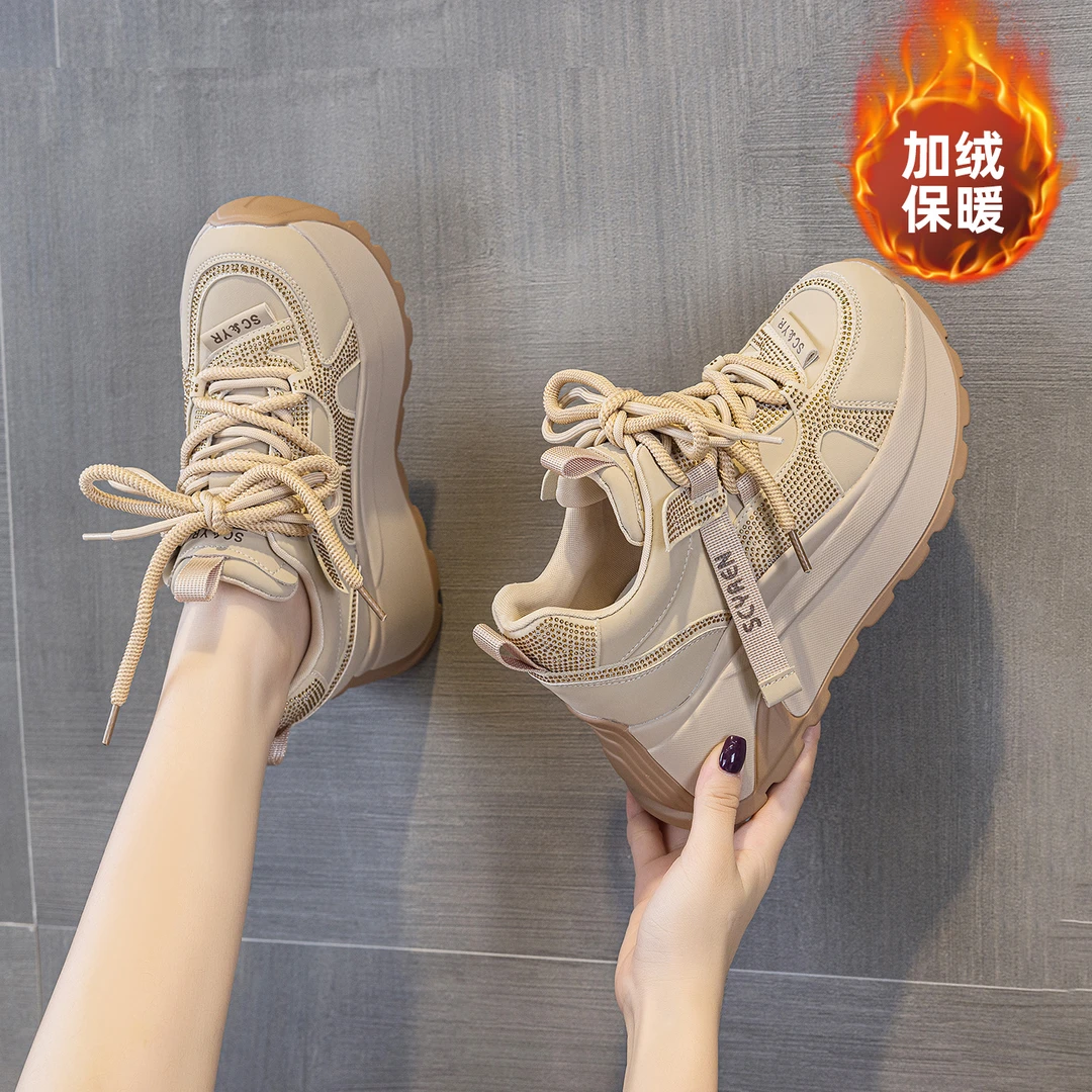 阿甘厚底鞋8cm加绒保暖2025冬季新款爆款百搭软底女士休闲增高鞋