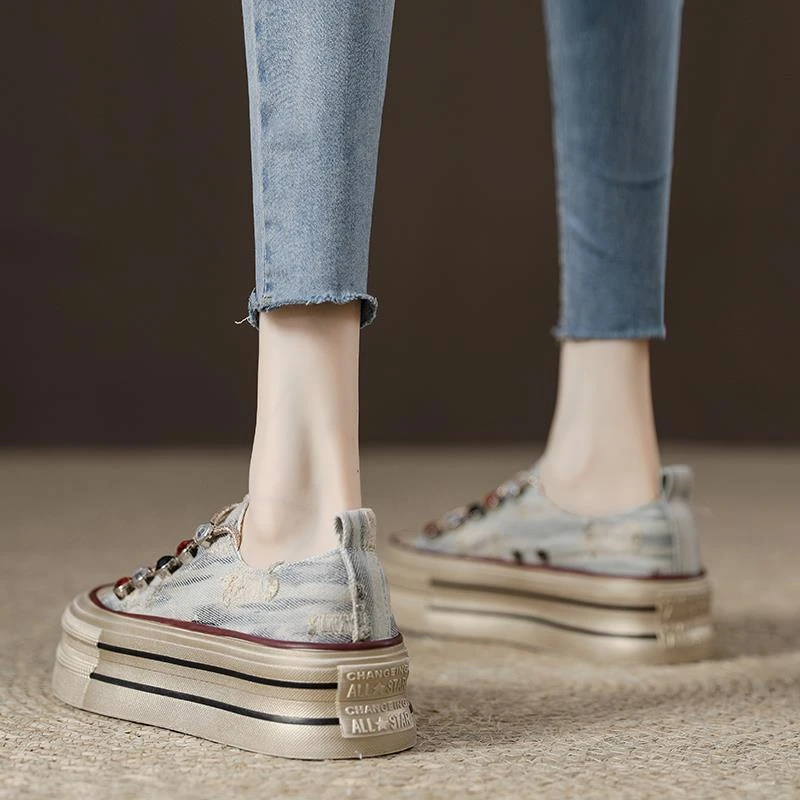 复古厚底水钻帆布鞋女春季薄款2025年新款松糕小白鞋增高运动板鞋