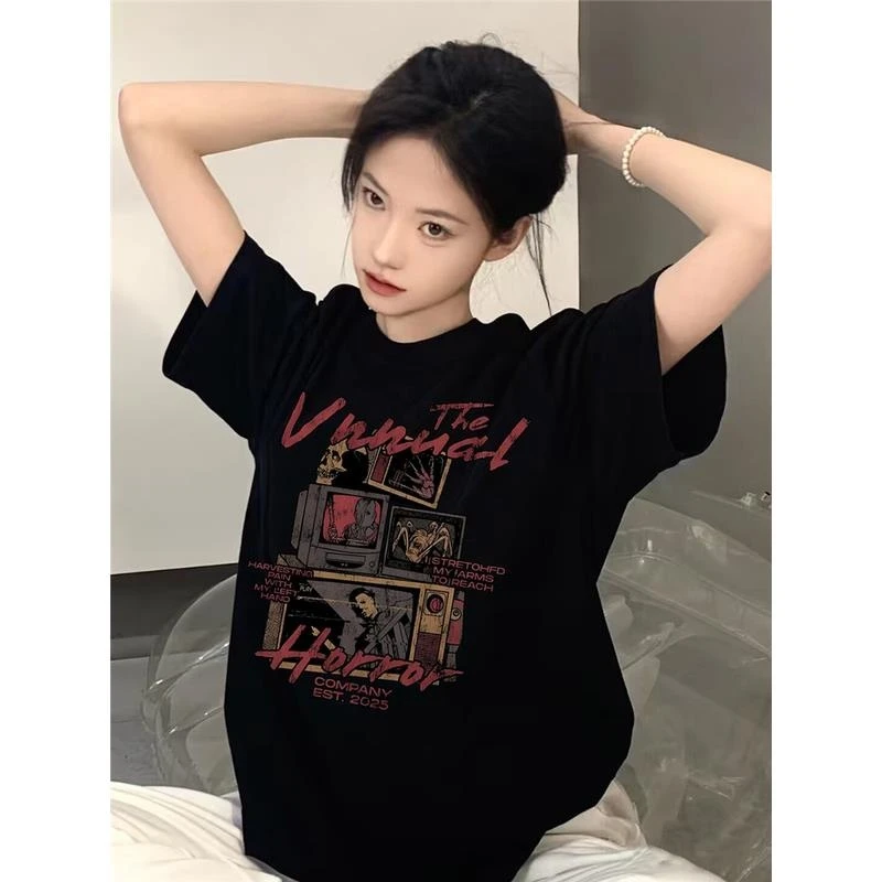 大码女装胖mm美式高街潮牌黑色短袖t恤女夏季新款240-300斤上衣潮