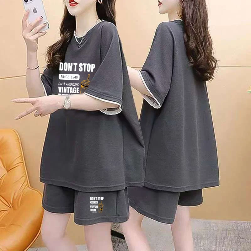 短袖短裤运动套装女夏季宽松遮肉大码圆领T恤休闲时尚跑步两件套