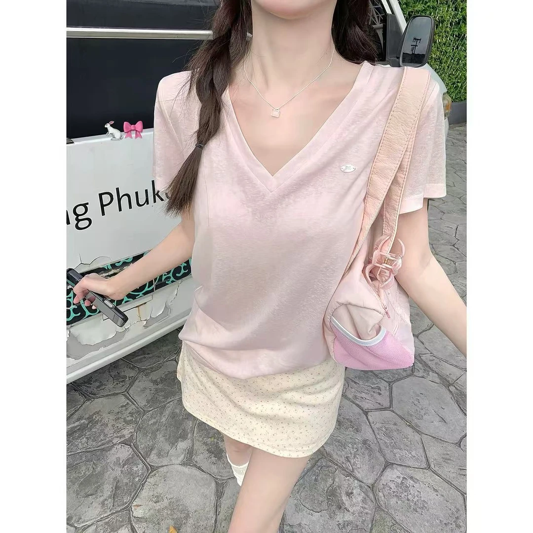 2025大码慵懒甜美风短袖夏季V领正肩T恤女宽松显瘦上衣【T】