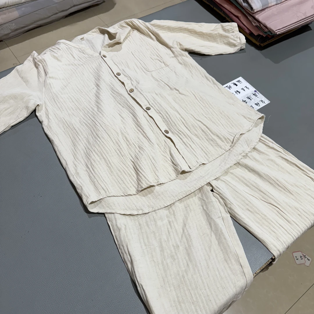 简约大方家居服棉麻人字纹提花套装