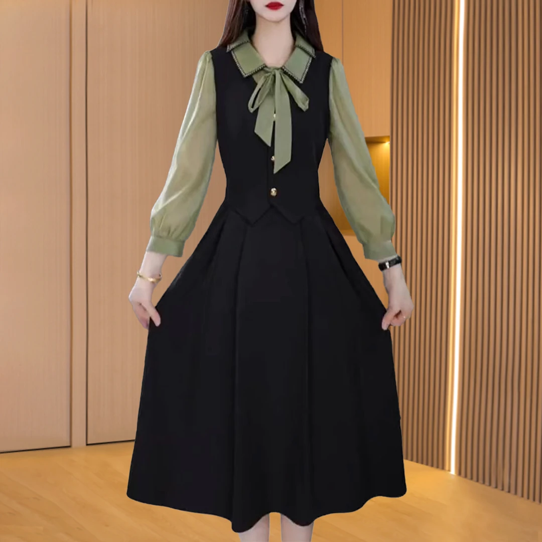 【可蓓儿】气质假两件长袖连衣裙女2025年春装新款衬衫拼接显瘦裙子