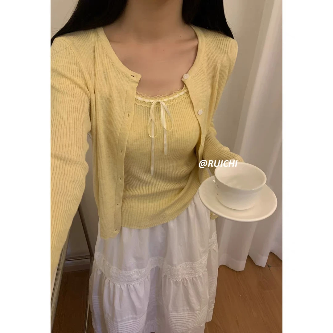 秋冬慵懒风~少女氛围感针织开衫套装上衣纯欲风蕾丝蝴蝶结拼接