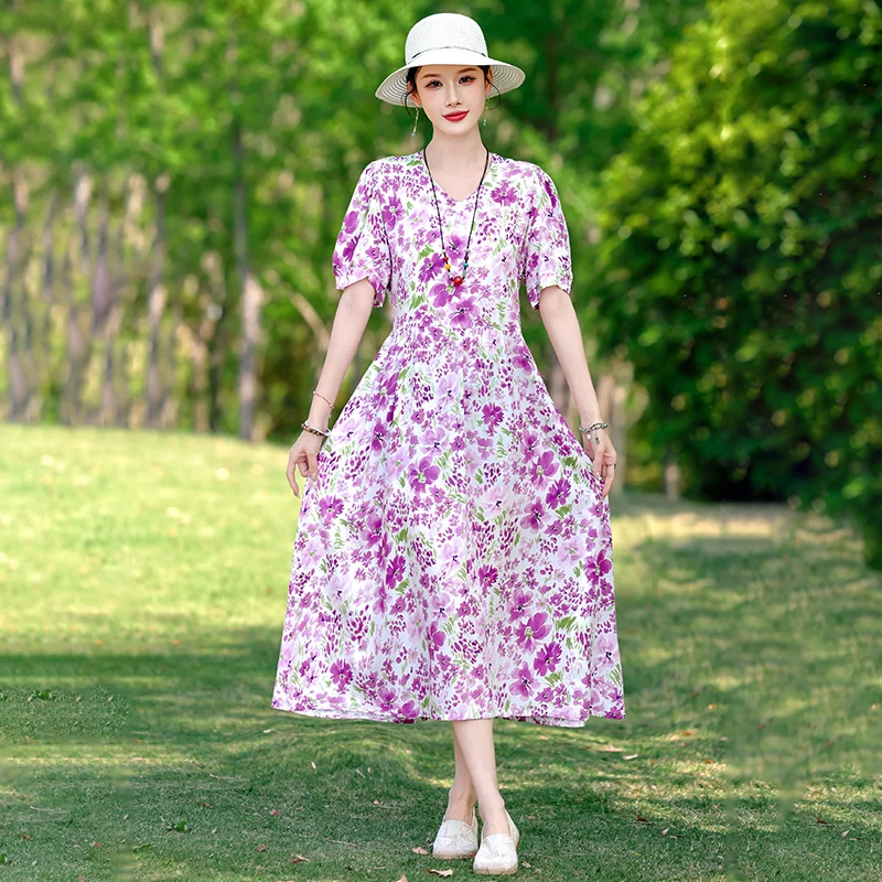 碎花棉绸印花简约高贵妈妈新款遮肚子连衣裙夏季显瘦过膝遮肚长裙