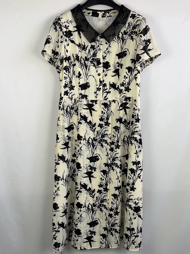 【H140黑花连衣裙时尚百搭休闲2025新款洋气款中长款连衣裙女