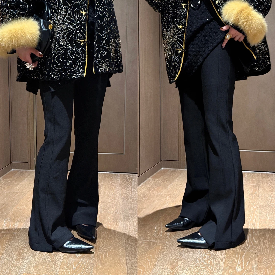 YDFSTUDIO小众【逆袭长腿】欧货高品显瘦加绒设计时尚百搭微喇裤