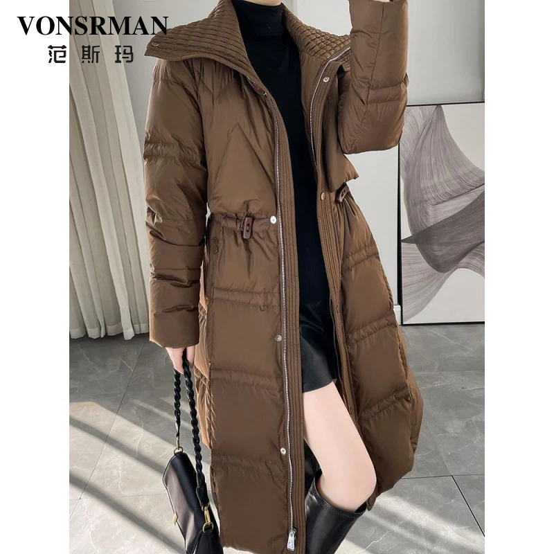高端咖色羽绒服女长款冬季2025新款时尚气质收腰显瘦白鸭绒外套潮