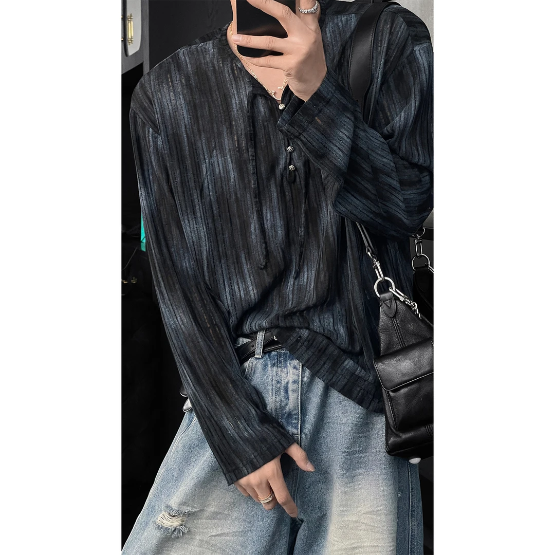 龙叨叨夏季新品小众设计感扎染薄款长袖T恤男宽松慵懒风休闲上衣