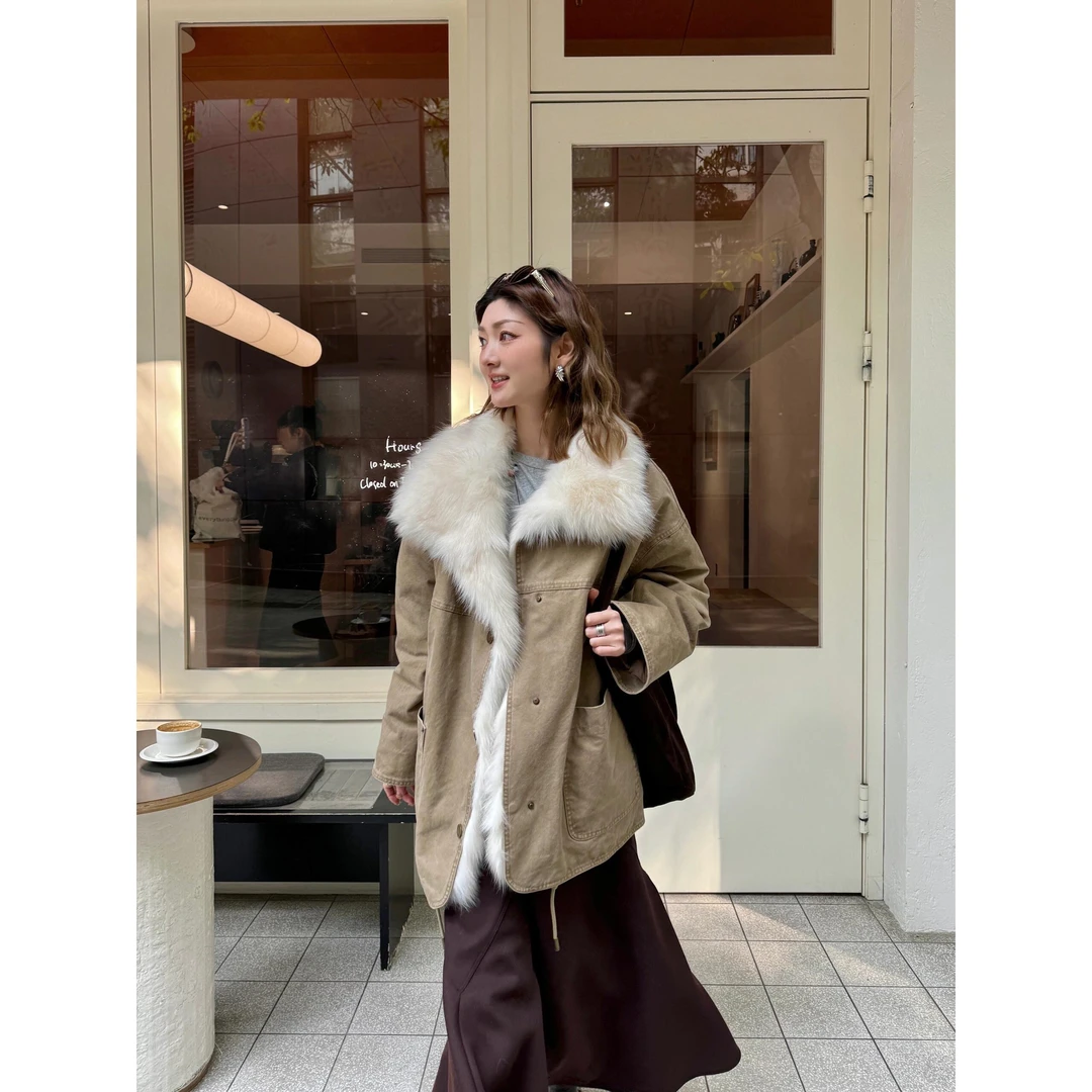 冬季巨好看的工装连襟领毛毛厚外套派克服女2025新款宽松棉衣棉服