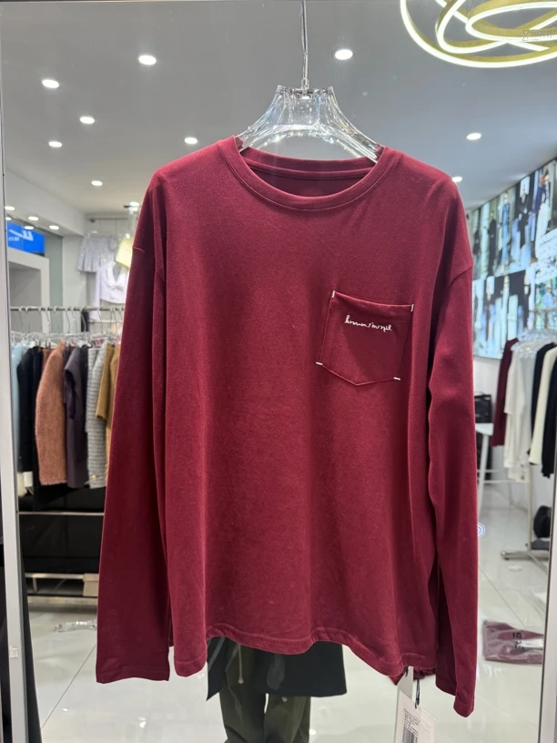 9号宽松显瘦口袋长袖T恤日系风格重工洗水情侣款圆领长袖