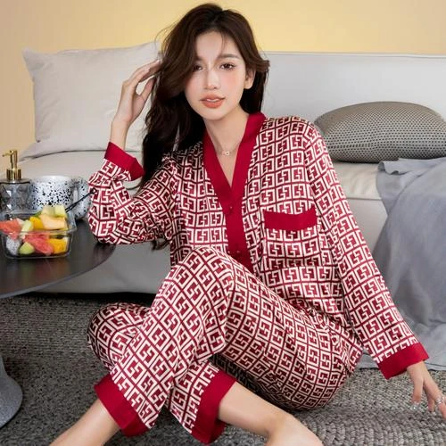 春秋季新款冰丝长袖睡衣女轻奢宽松薄款红色可外穿家居服套装
