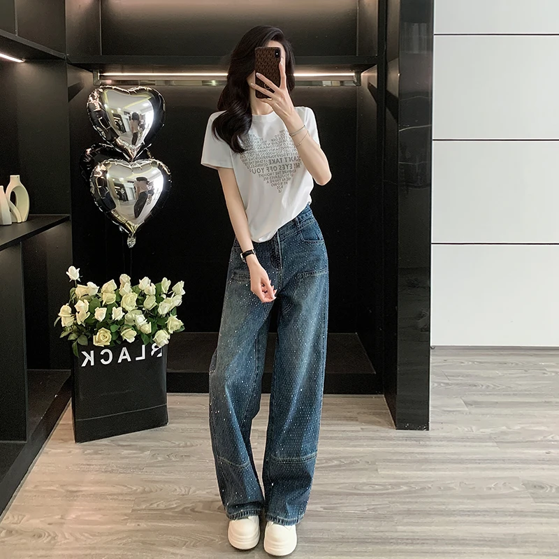 短袖套装女2025新款时尚高级感减龄运动休闲高腰牛仔裤两件套显瘦