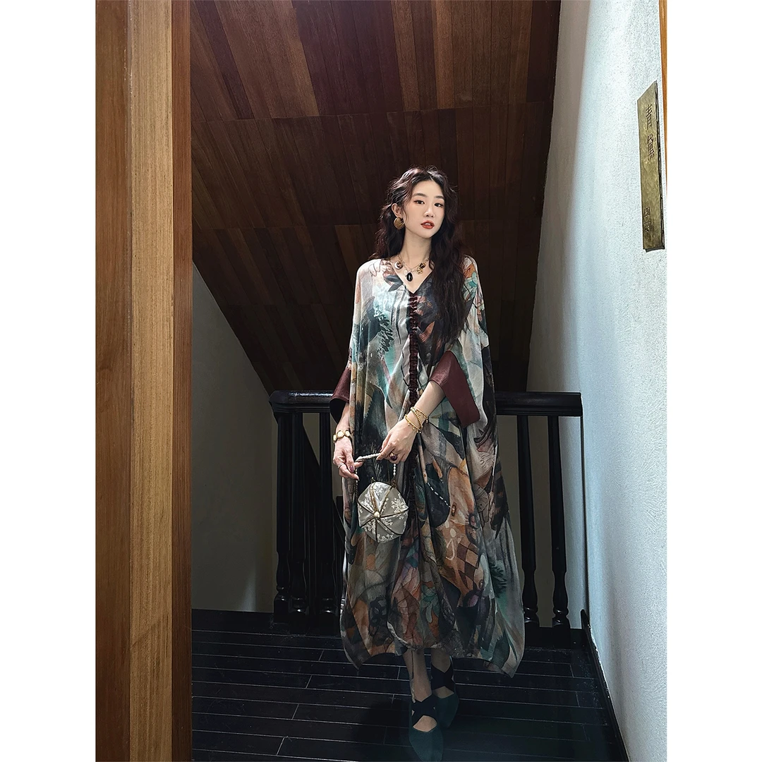 三吉黑花【琉砾】双面印花连衣裙铜氨抽象写意早秋流行穿搭高级感