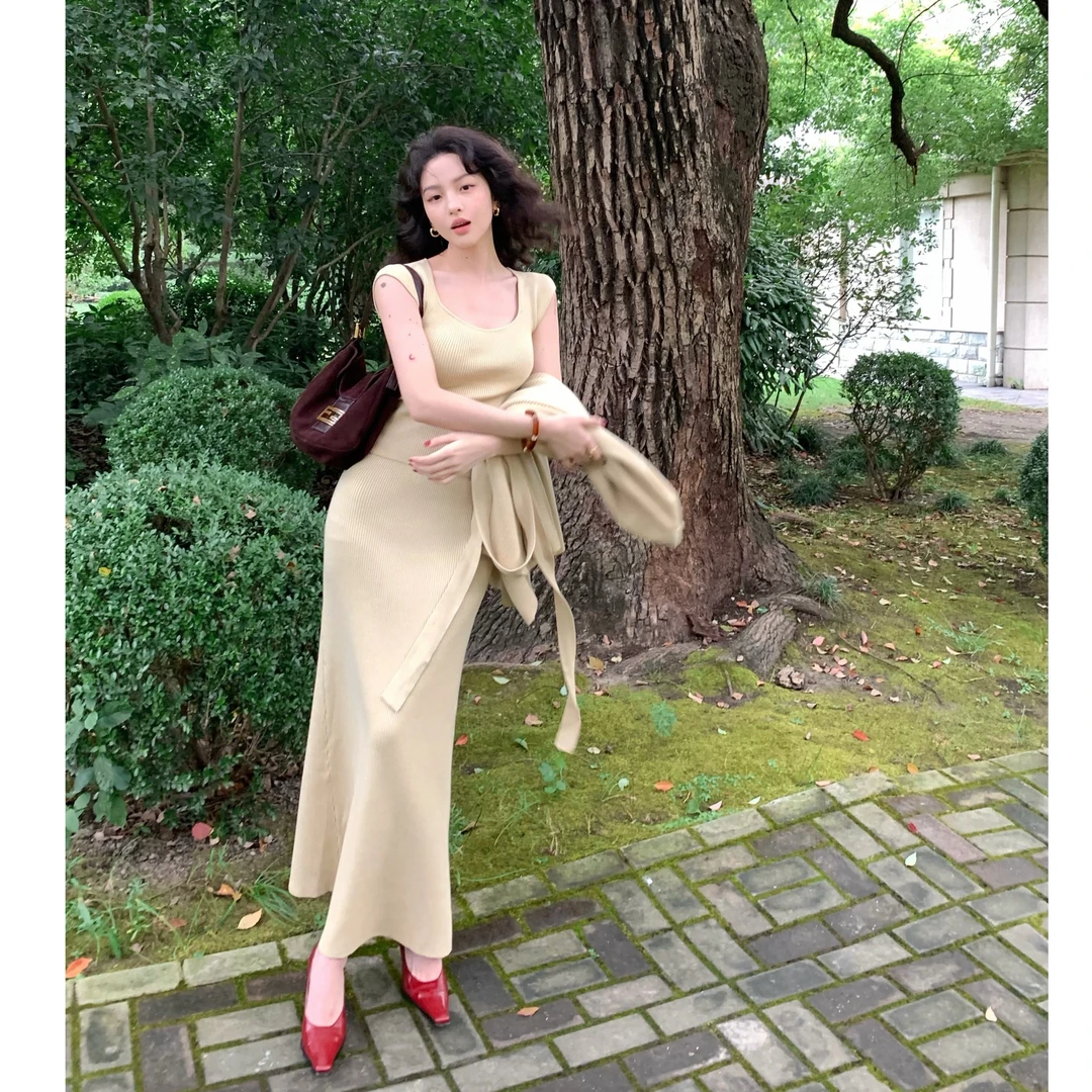 酒午自制黄色背心+高腰半身裙气质高级感针织两件套装KLF3283