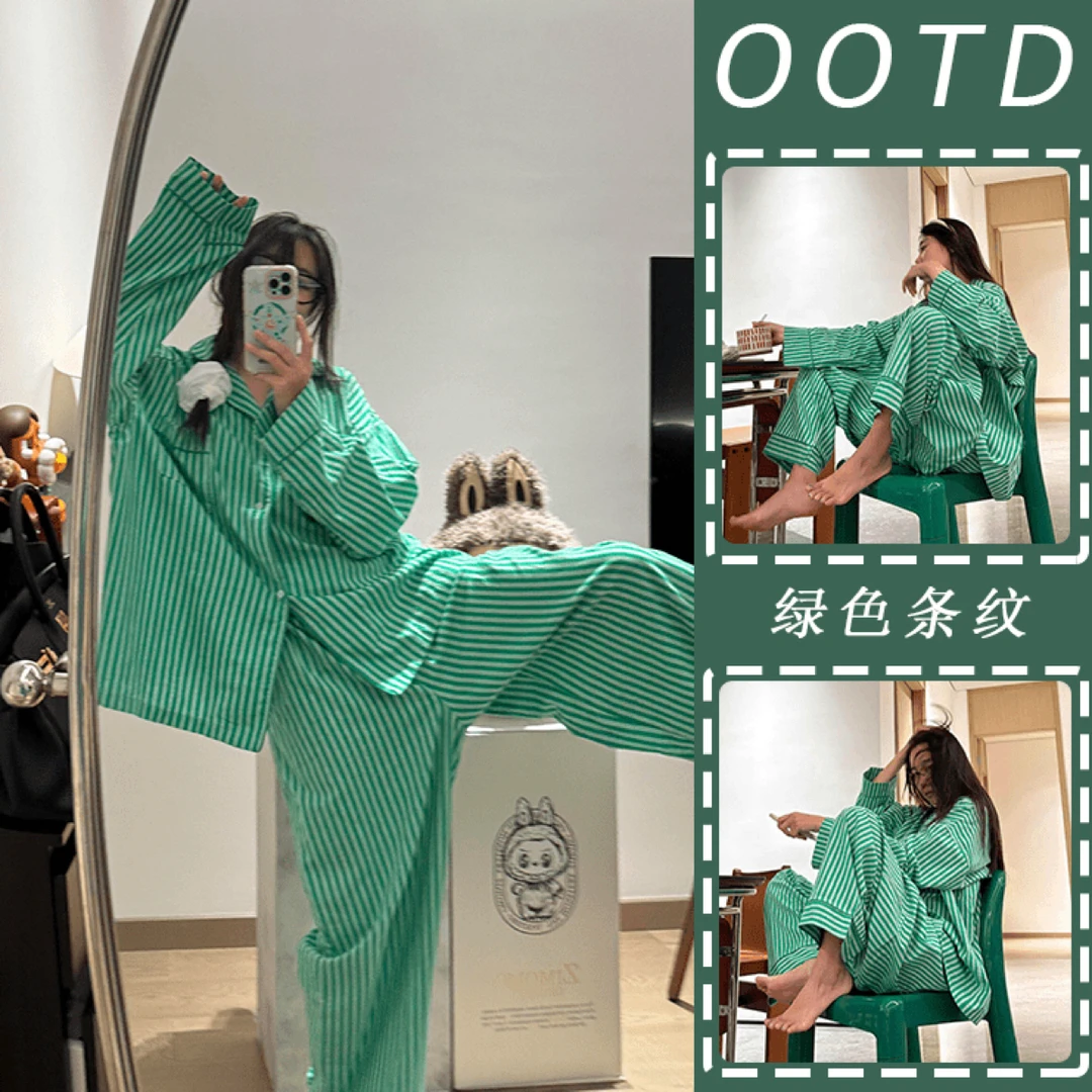 ins风条纹长袖睡衣女春秋季简约韩版慵懒风宽松可外穿家居服套装
