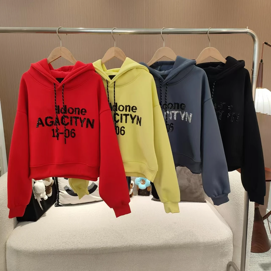 【科技卫衣】加绒冬季新款美式复合字母重工亮片短款连帽卫衣22896