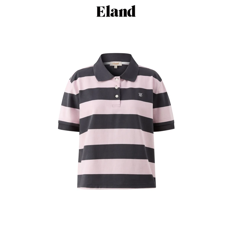 Eland衣恋欧若风百搭女士条纹撞色POLO领短袖休闲穿搭EEHWF24Q91
