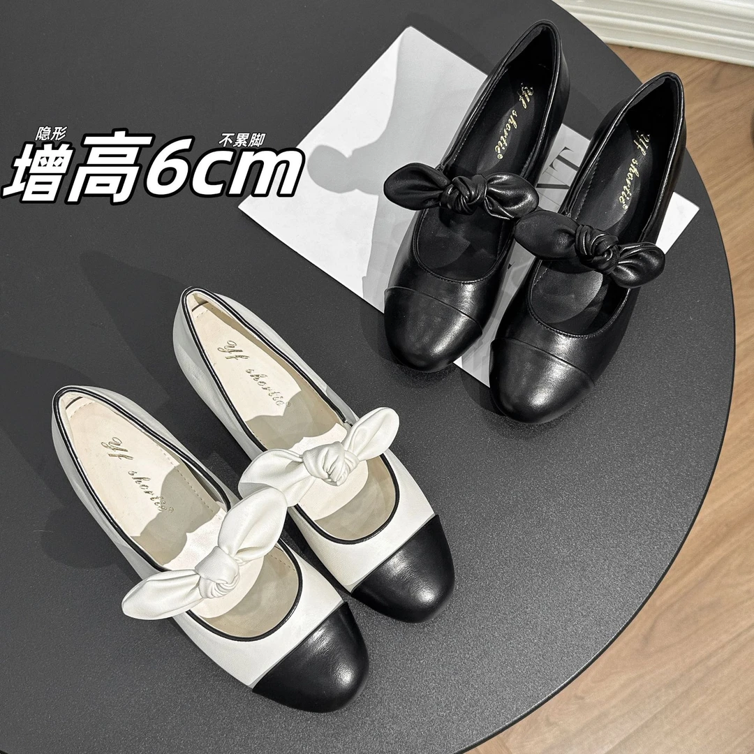内增高粗跟单鞋女增高7cm蝴蝶结拼色圆头高跟玛丽珍鞋小香风浅口