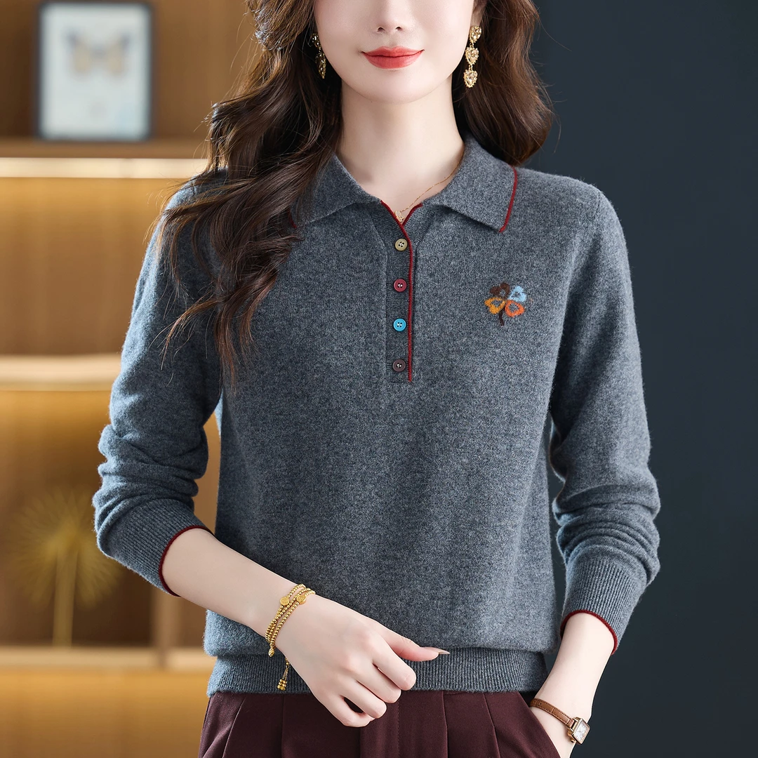 气质轻奢翻领羊毛衫女100纯羊毛打底衫冬季洋气减龄妈妈毛衣内搭