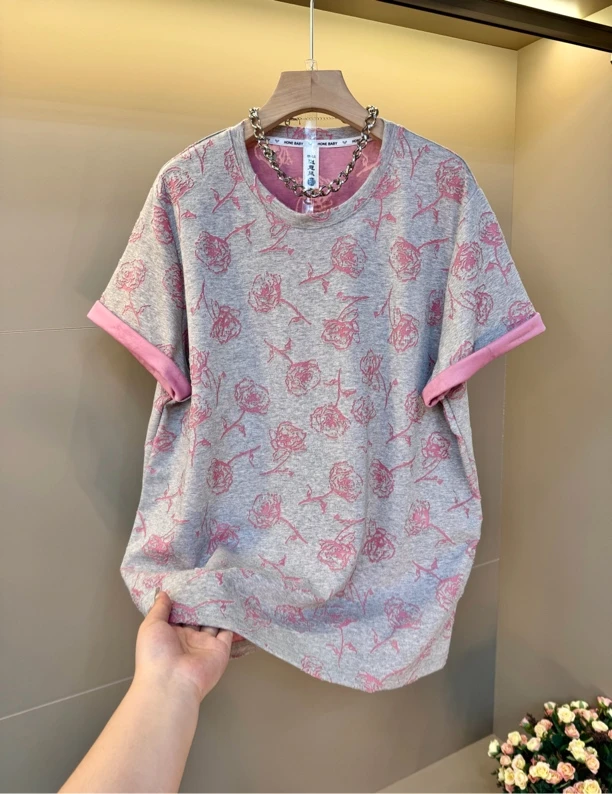 短袖圆领t恤女春季新款重工玫瑰设计感小众上衣百搭洋气休闲小衫
