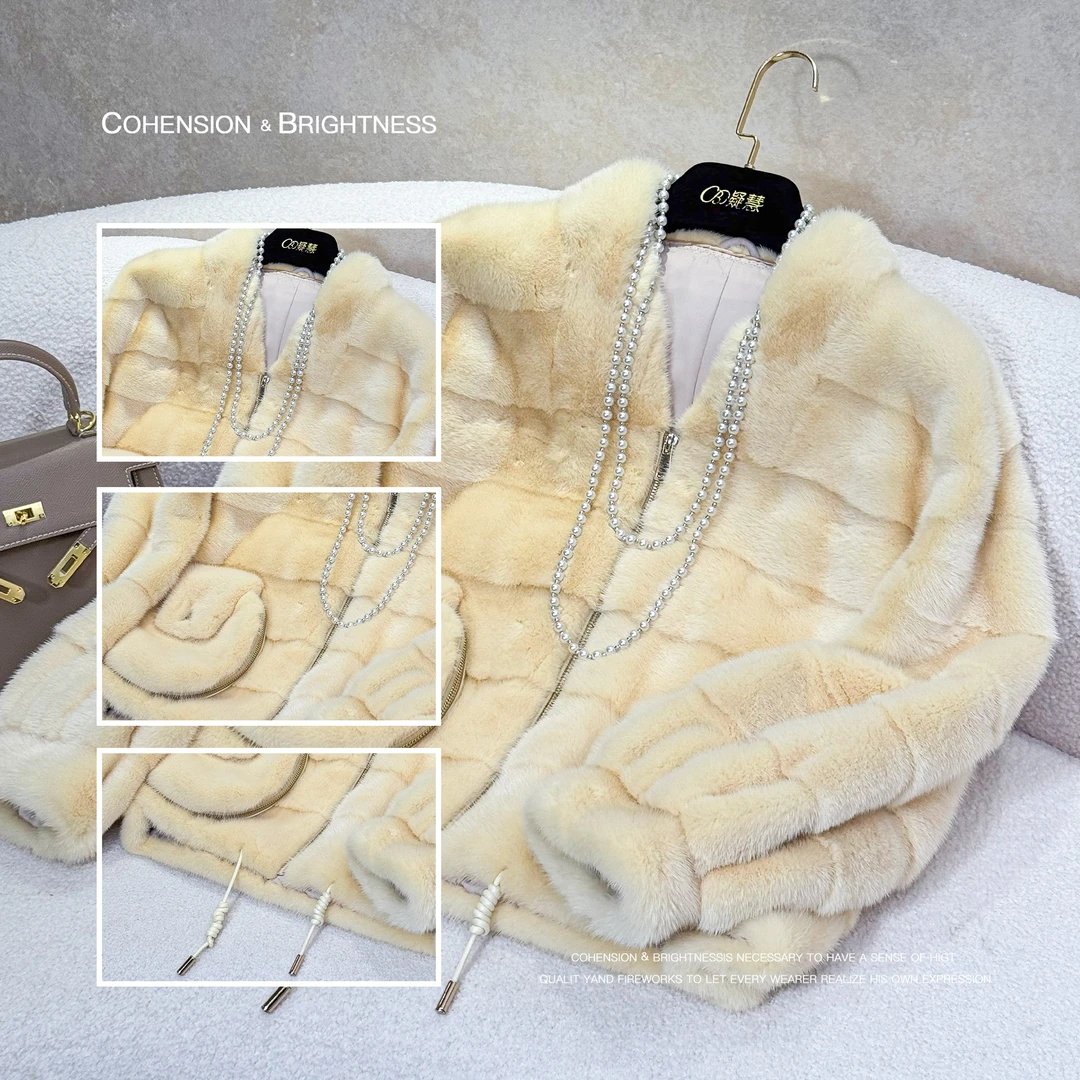 凝慧【糯米布丁】进口羊毛设计款拉链口袋V领横纹短款毛毛外套YA165