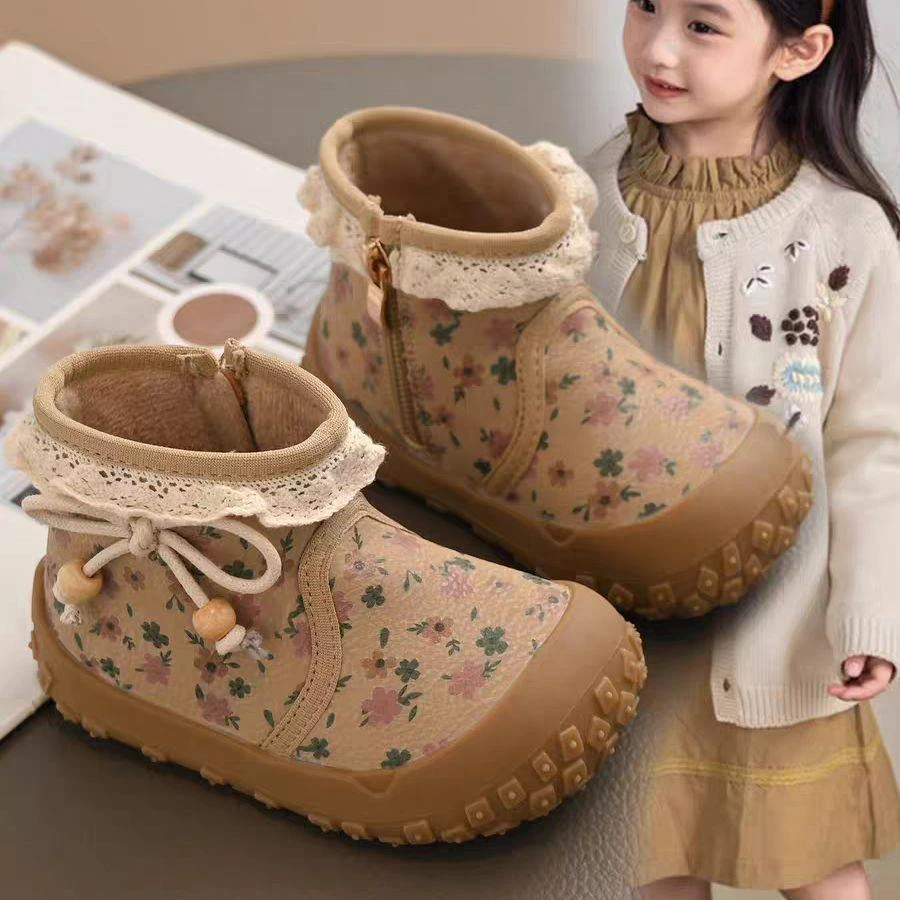 ABC女童靴子2025冬季新款儿童鞋时尚加绒棉鞋小女孩软底防滑短靴
