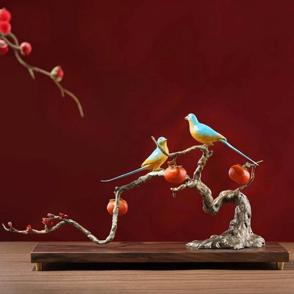 铜摆件柿柿如意客厅桌面办公桌家居装饰新中式客厅摆件玄关摆件