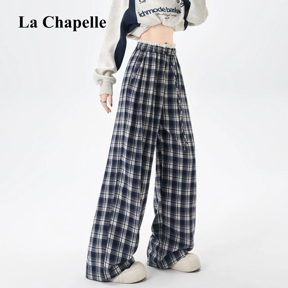 拉夏贝尔蕾丝花边格子阔腿裤女2025秋高腰慵懒宽松直筒休闲拖地裤