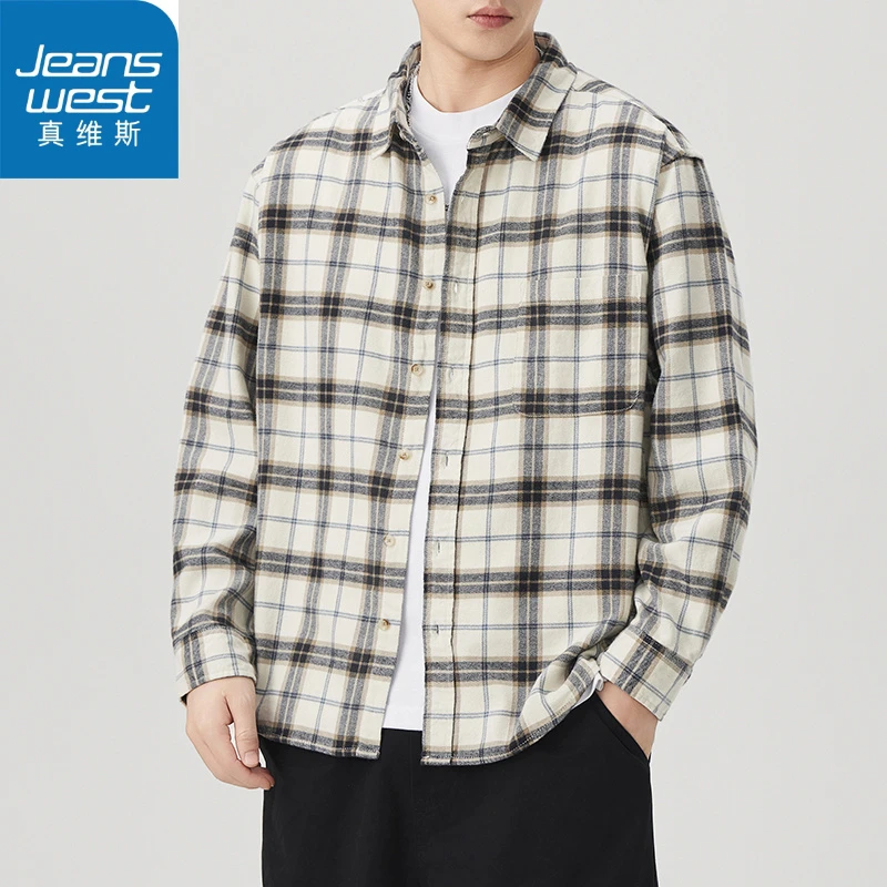 真维斯Jeanswest/真维斯日系格子纯棉衬衫男潮流百搭宽松休闲美式