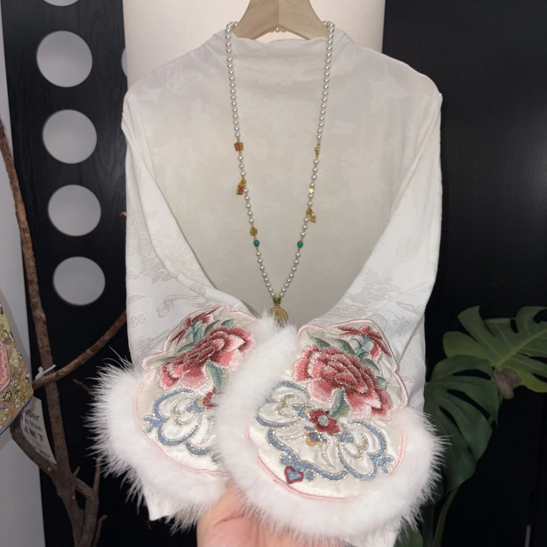 加绒“葫芦水貂刺绣” 浮雕上衣刺绣 新中式长袖提花高弹力打底衫