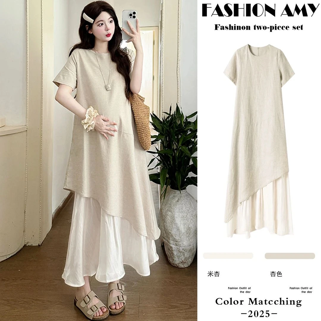 时髦孕妇装新款夏季新款时尚韩不规则下摆网纱拼接亚麻显瘦连衣裙