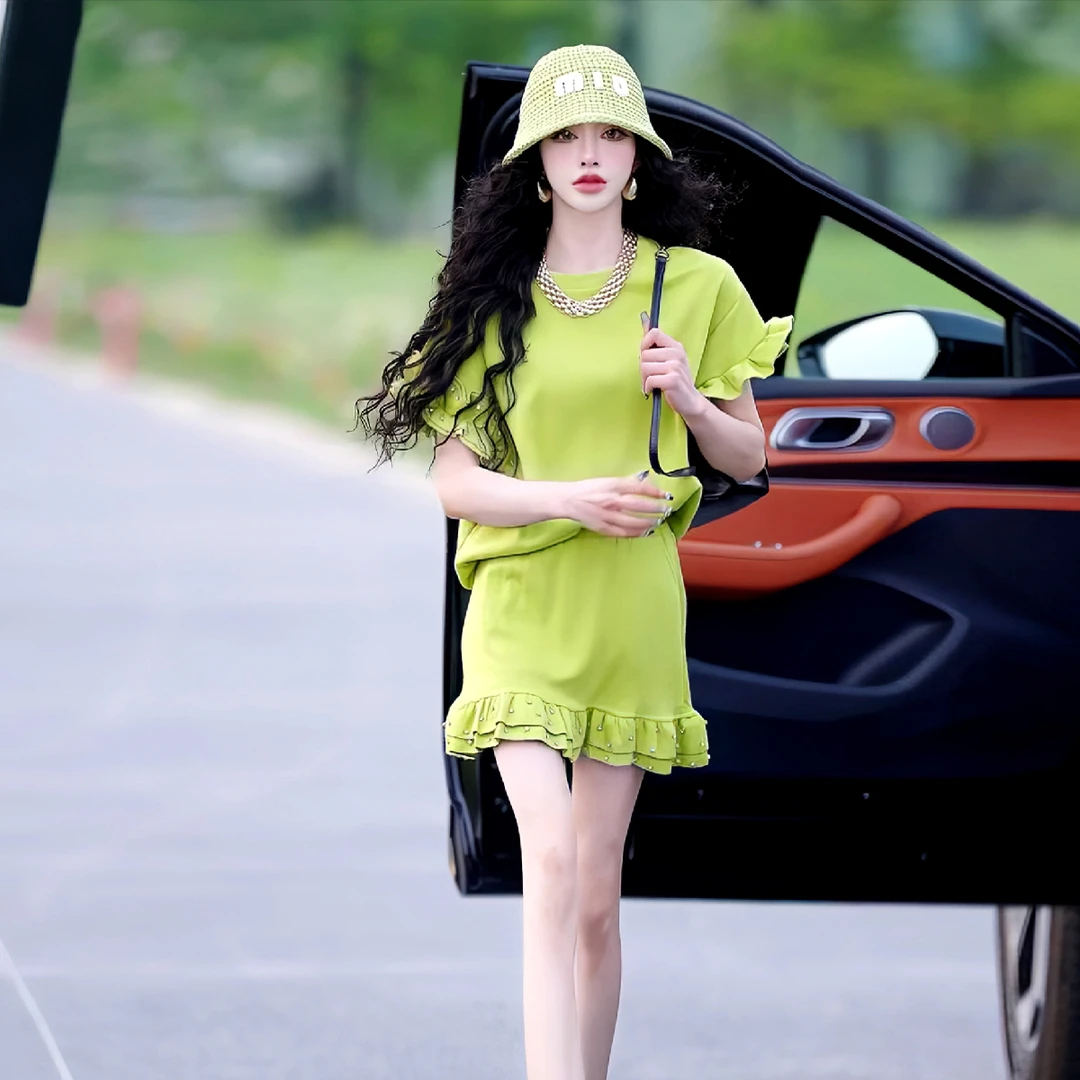 法式温柔风时尚套装洋气女爆款荷叶边短袖上衣+高腰短裙两件套潮