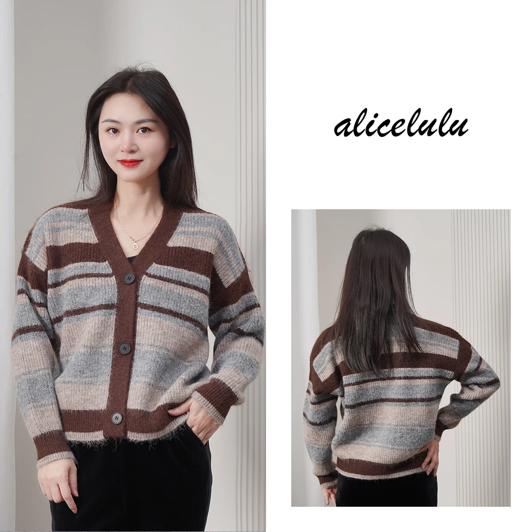 2alicelulu‘慢放魅力’个性拼色条纹休闲针织开衫S1035782U