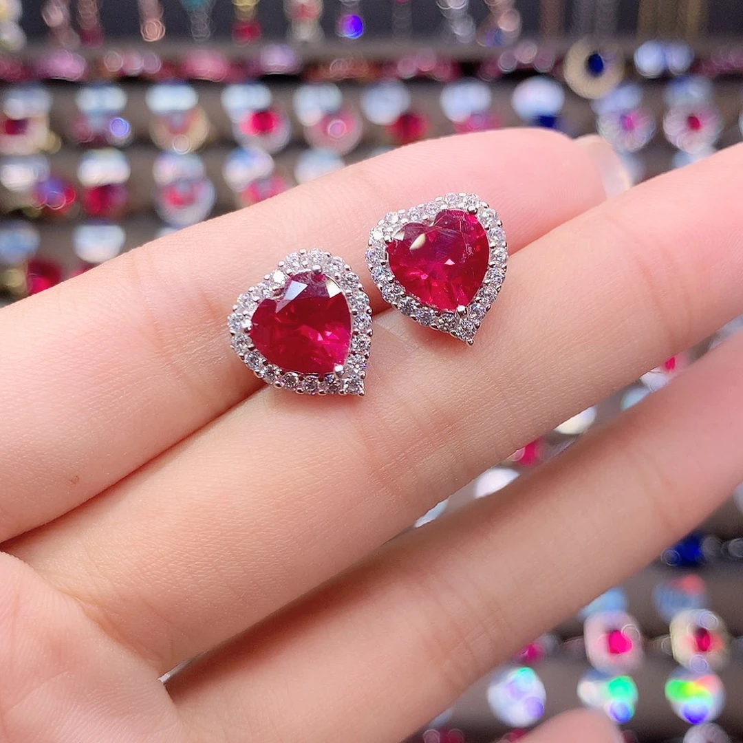 耳饰银S925镶嵌红宝石白8