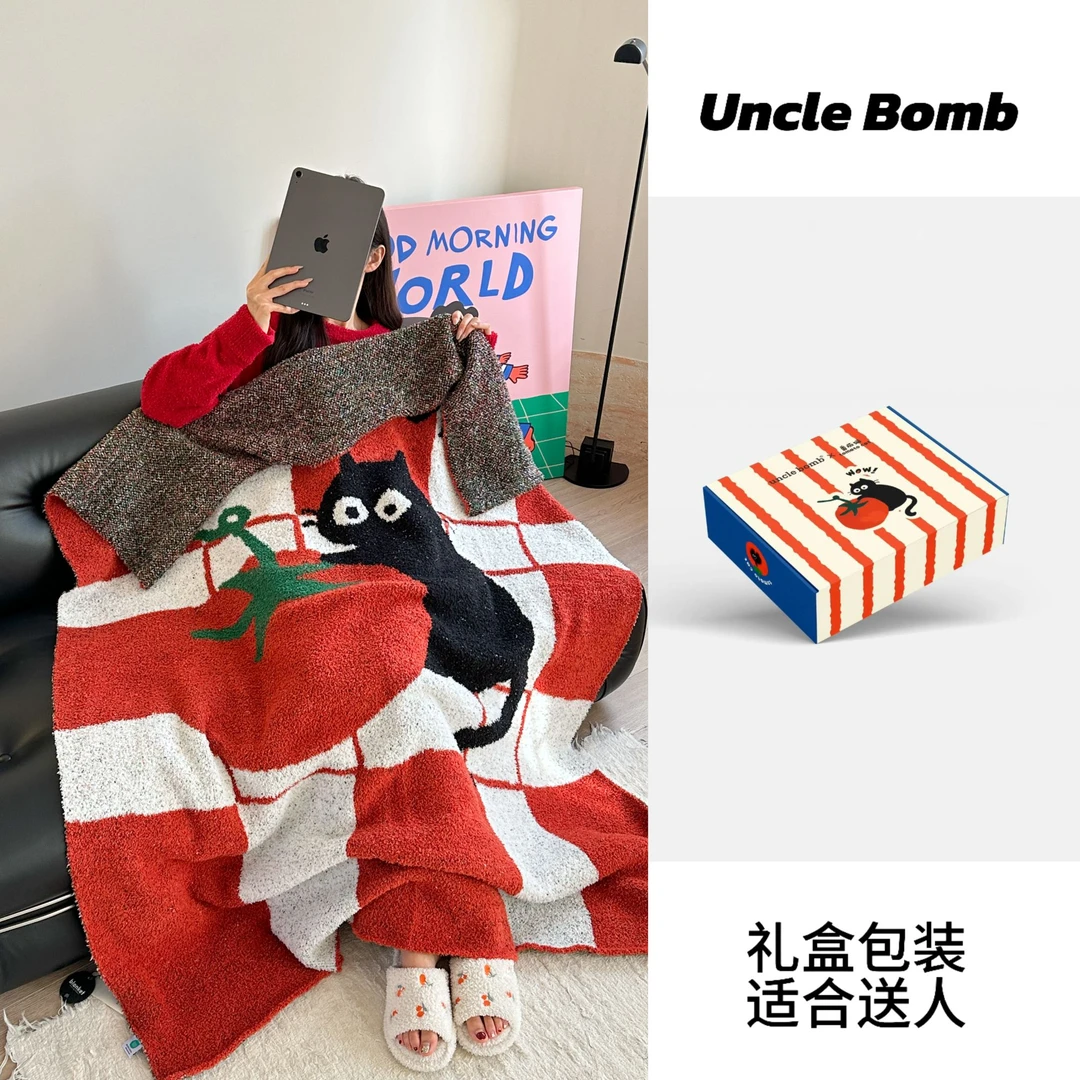 Uncle Bomb番茄猫系列休闲风毛毯绒毯加厚印花披肩柔软吸水可爱