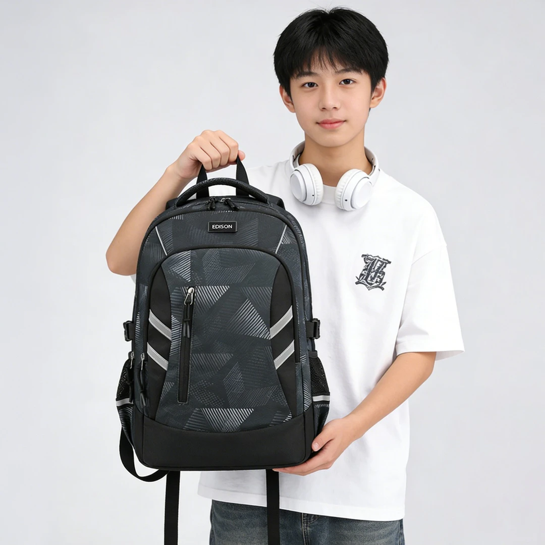 爱迪生中学生书包大容量反光双肩包护脊防下坠高中生背包