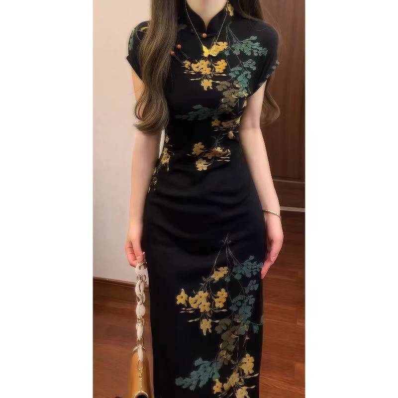 新中式国风高级感印花改良旗袍连衣裙名媛气质包臀修身长裙9540