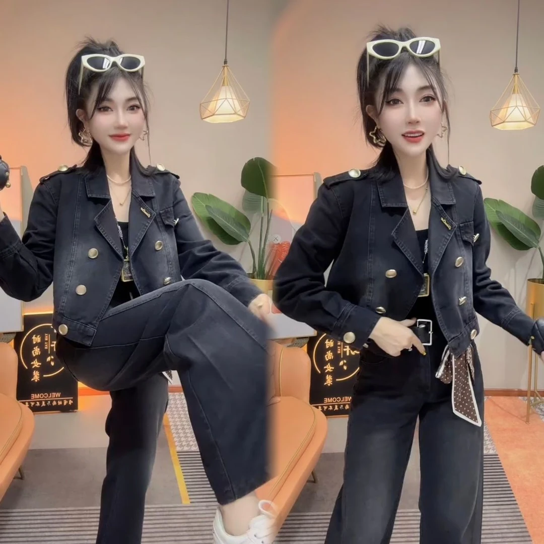 高端洋气时髦炸街牛仔欧货套装早秋网红新款显气质瘦女外套+裤子