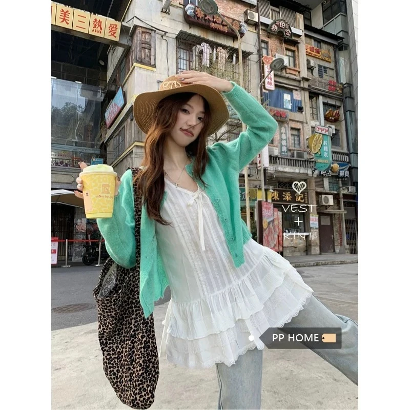 现货【~纯欲少女~】蕾丝蛋糕下摆无袖背心裙百搭叠穿小众吊带上衣女