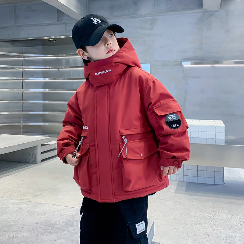 男童冬季红色加厚冲锋衣工装羽绒服2024儿童韩版冬装三防外套3808