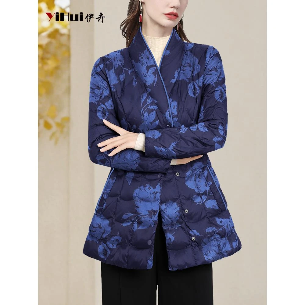 YIHUI伊卉A高级感印花90白鸭绒羽绒服上衣保暖中长款外套WJ257673