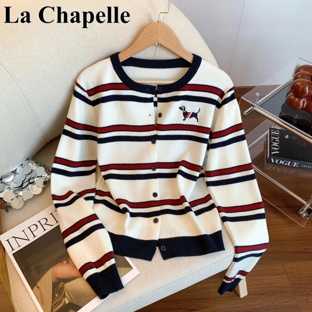 拉夏贝尔韩版撞色条纹刺绣小狗圆领长袖上衣秋季针织衫毛衣开衫女