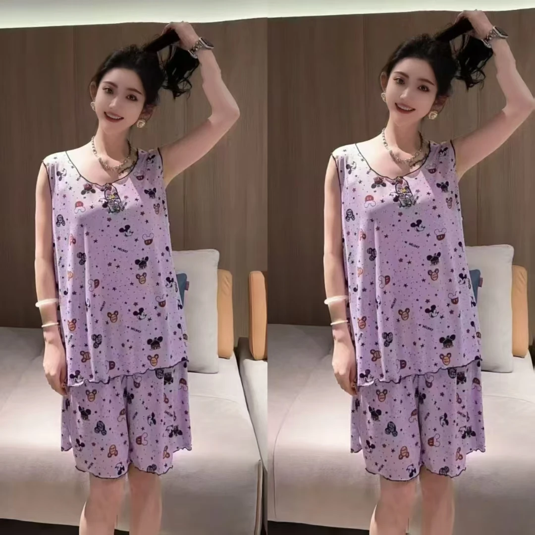 夏季女士冰丝无袖短裤套装居家服睡衣宽松时尚家居服2025网红爆款
