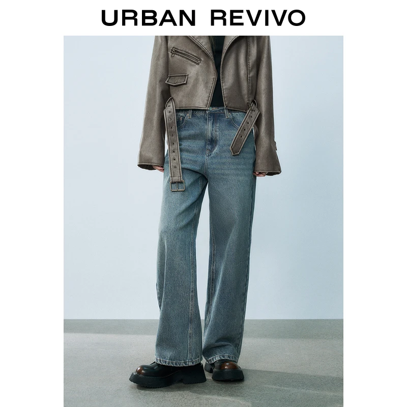 UR2025秋季新款女装复古水洗印花猫须牛仔长裤UYL850038