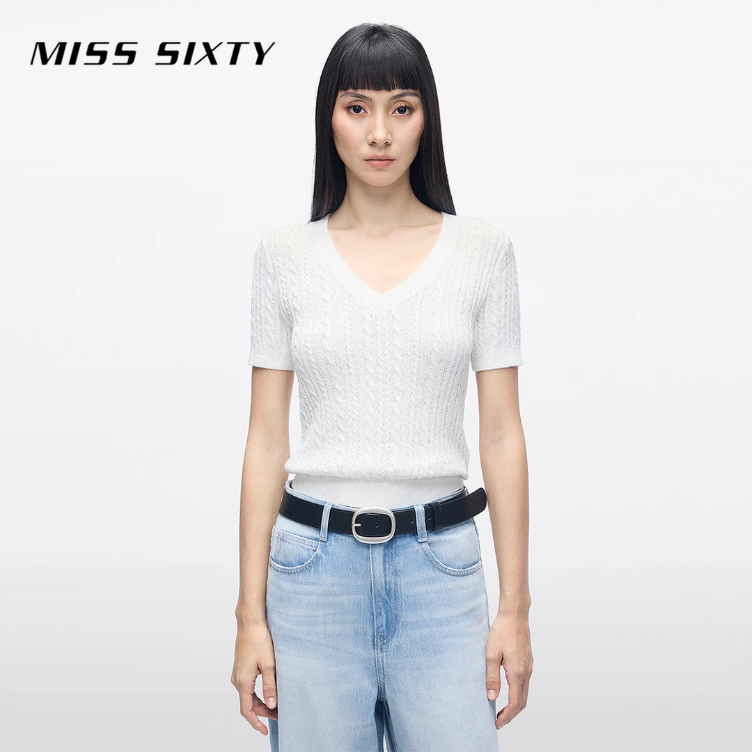 Miss Sixty2025春季新款针织衫女V领复古麻花肌理修身短款百搭