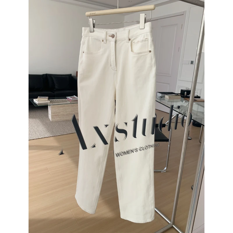 阿昕亮晶晶 白巧牛仔 显瘦休闲百搭直筒牛仔裤AX240739