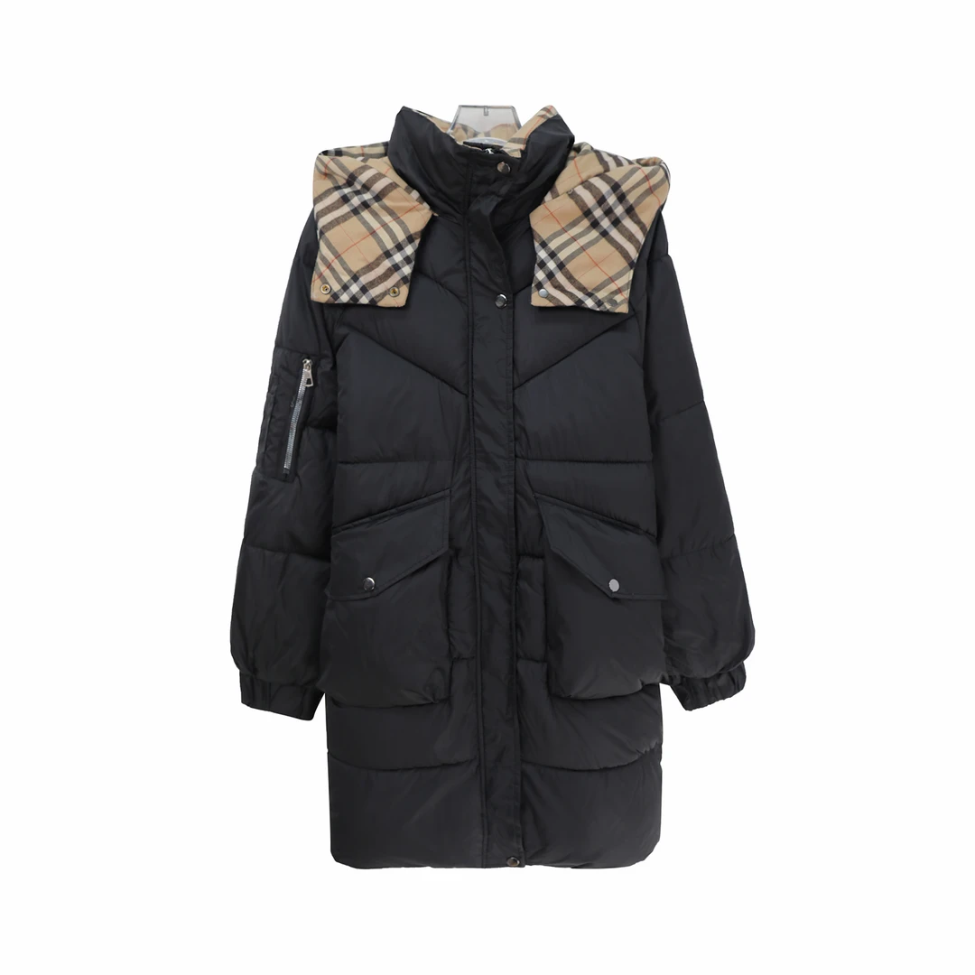 中长款气质格子拼接连帽休闲风外套S5461