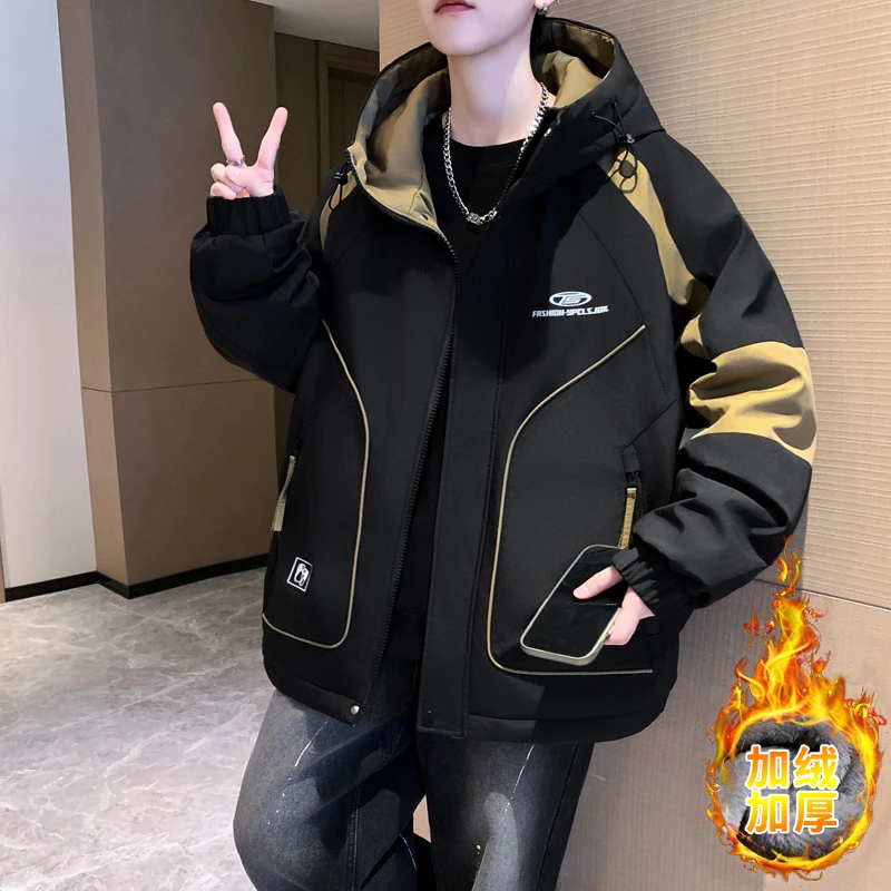 加绒加厚外套男生秋冬季青少年冲锋衣帅气潮流宽松保暖连帽夹克男